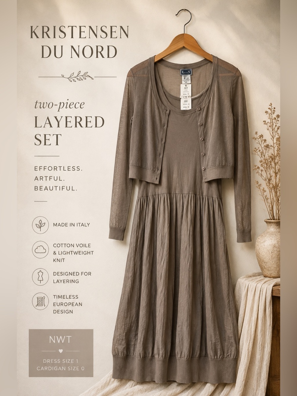 Kristensen Du Nord Taupe Cotton Voile Dress & Cropped Cardigan Set